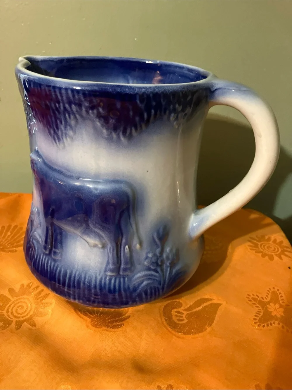 Vintage Flow Blue Pitcher w Relief Cows Stoneware Pottery -